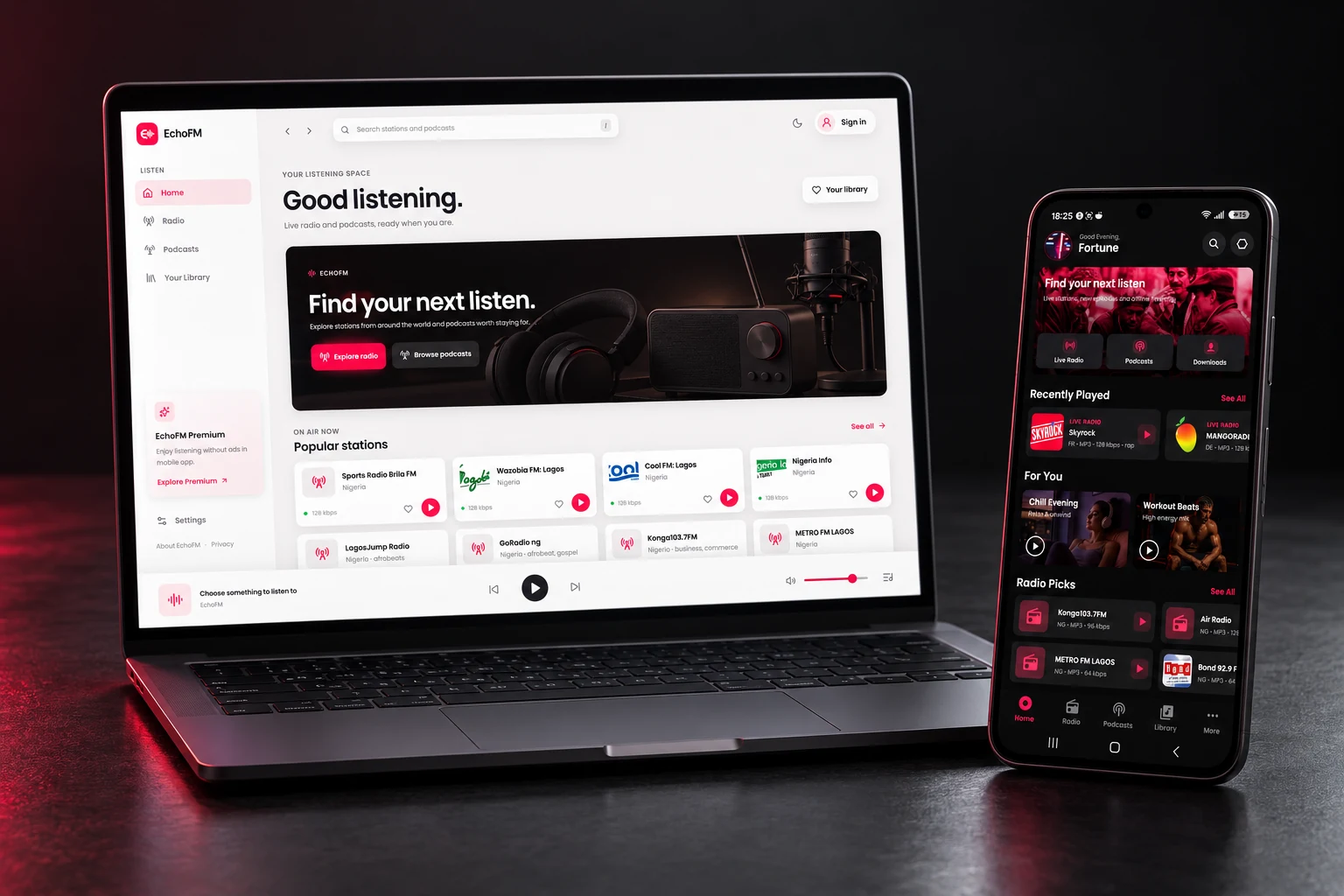 EchoFM on a laptop and Android phone